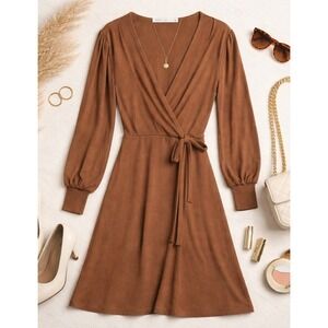 Wrap Dress Womens Large Taupe NEW Long Sleeve V-Neck Mini Nordstrom Earthy Boho